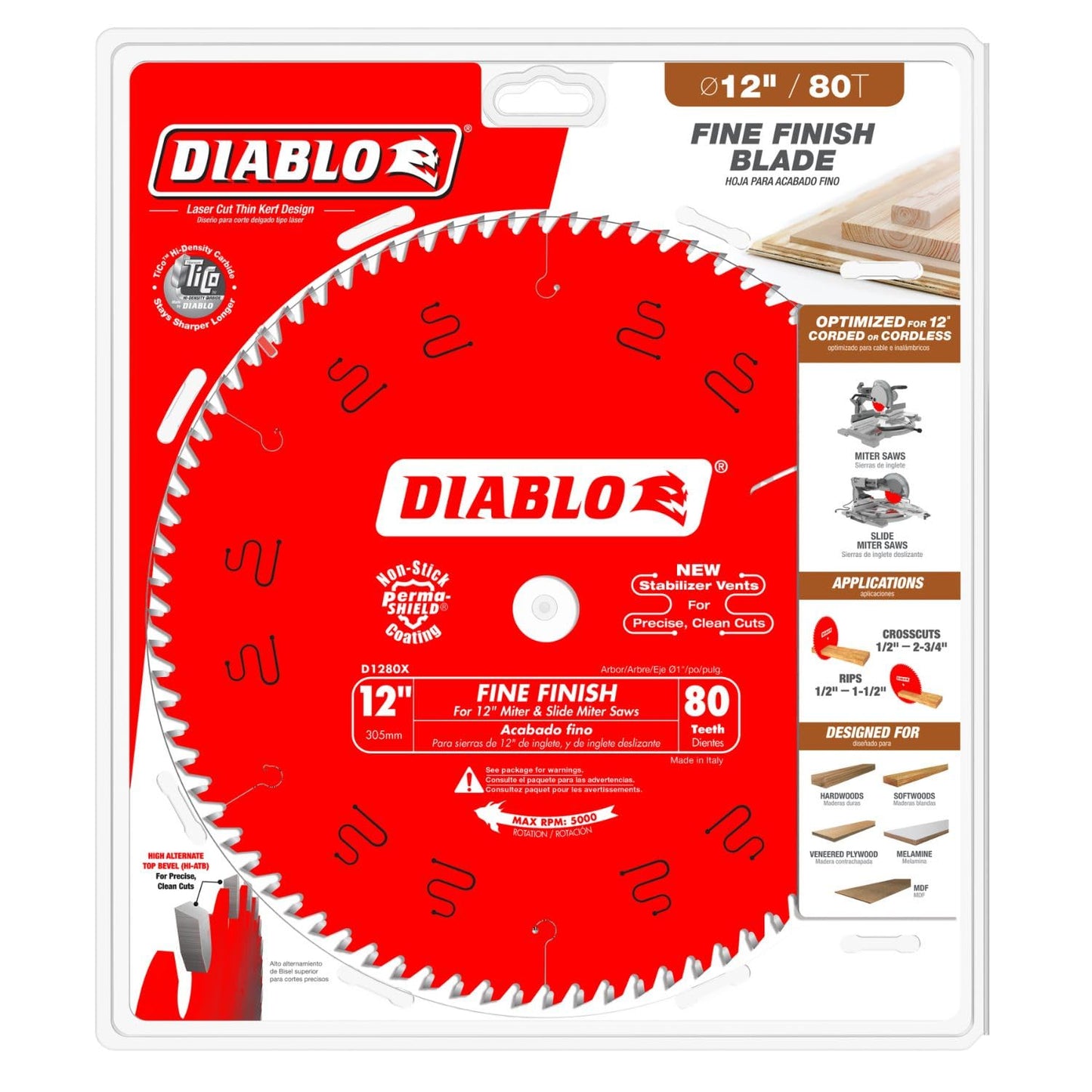 Diablo Saw Blade for Wood - 12" x 80 Teeth, Fine Finish, Hi-Density Carbide, 1" Arbor - D1280X
