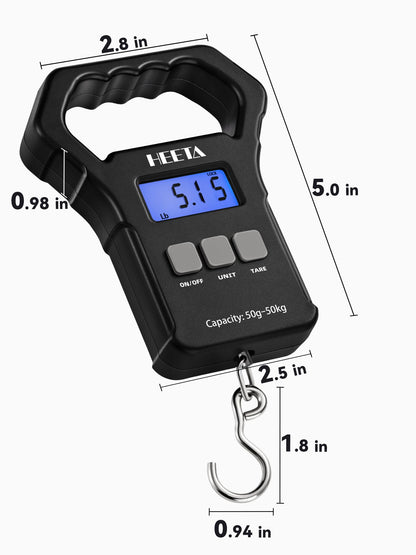 HEETA Fish Scale, 110lb/50kg Digital Portable Hanging Fishing Weight Scale with Backlit LCD Display, Luggage Scale with Non-Slip Large ABS Handle & 2 AAA Batteries, Fishing Gifts Gear for Men, Black