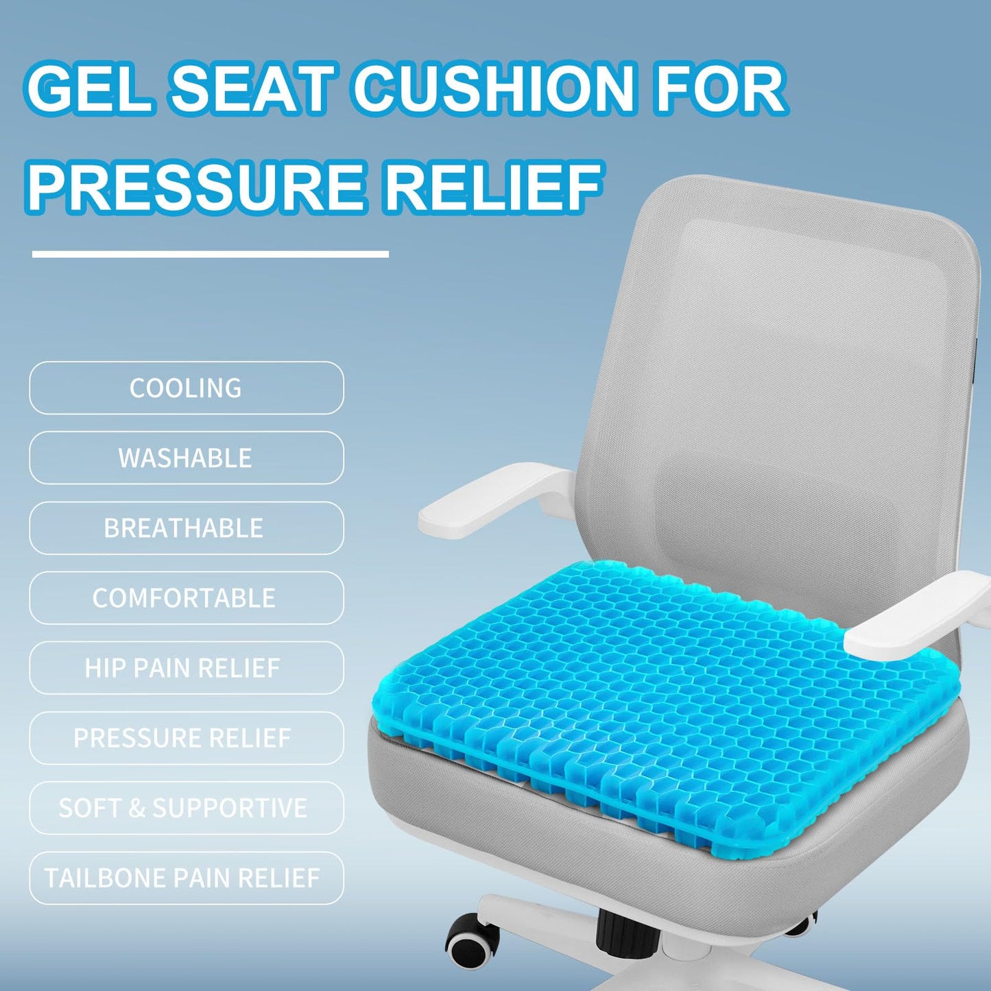 Gel Seat Cushion for Long Sitting - 16.5" x 14.5" x 2.4" (Extra Thick＆Soft) Gel Cushion for People Over 180 lbs, Pressure Relief Cushion for Office Chair, Egg Cushions for Wheelchair, Gel Pad for Car