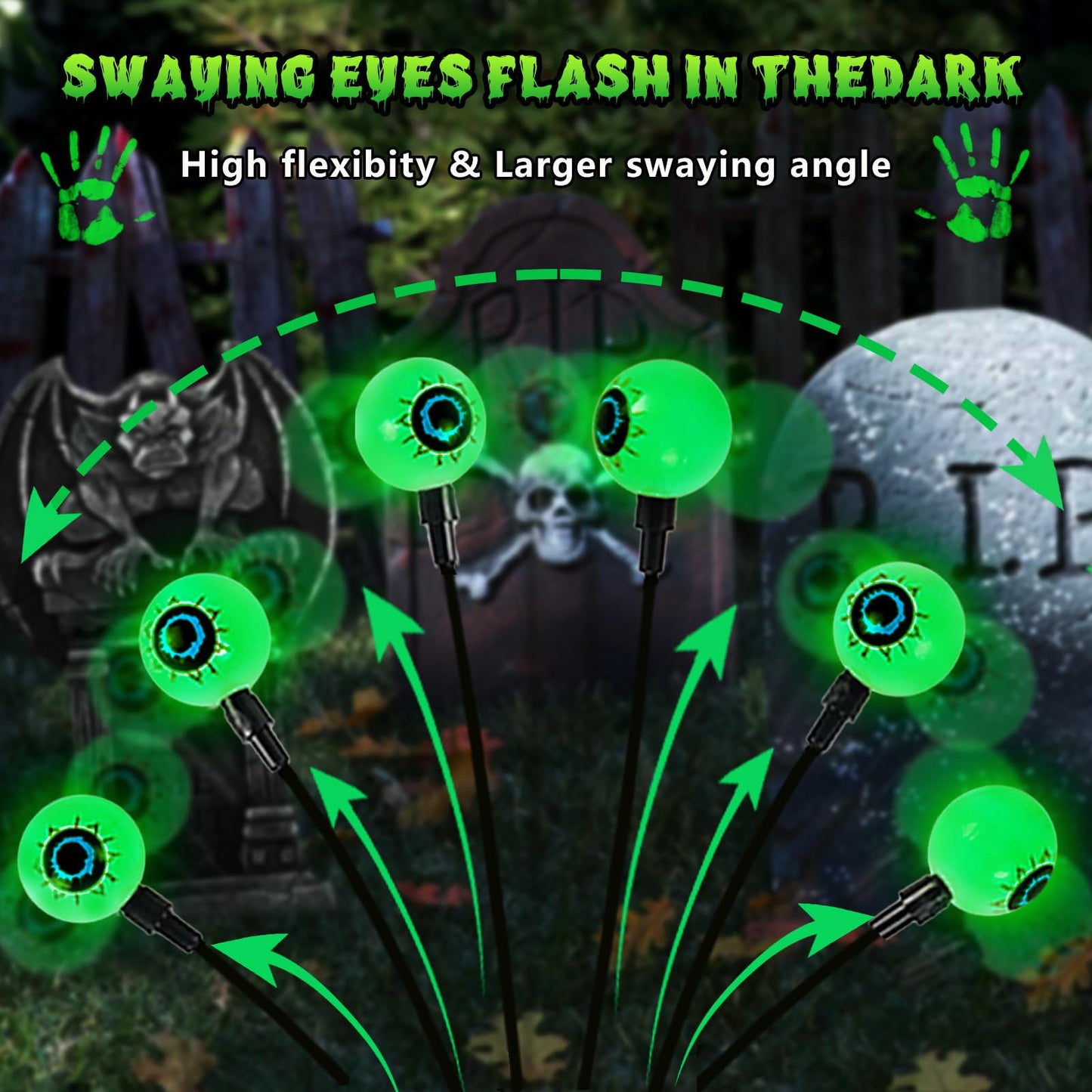6 Pack Solar Eyeball Lights for Halloween Decorations Outdoor, 36 LED Green Eyeball Solar Halloween Lights, Waterproof Swaying Firefly Lights with 2 Modes for Pathway Patio Yard Lawn Garden Decor