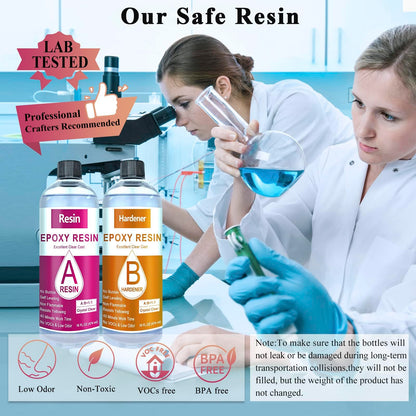Epoxy Resin, 32OZ Epoxy Resin Crystal Clear, Not-Yellowing No-Bubble, Self Leveling Easy-Pour Easy Mix 1:1 Casting Kit & Coating for DIY Jewelry Making, Art Resina Clear Crafts, Molds, River Tables