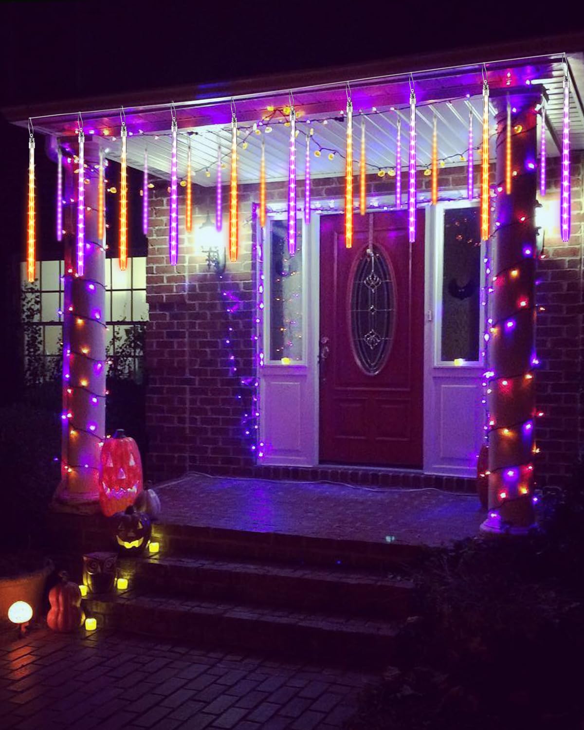 Halloween Lights Outdoor 20 Tubes 480 LED Raindrop Meteor Shower Icicle Lights with Timer Function Cascading Light Falling Rain Light for Halloween Orange Purple