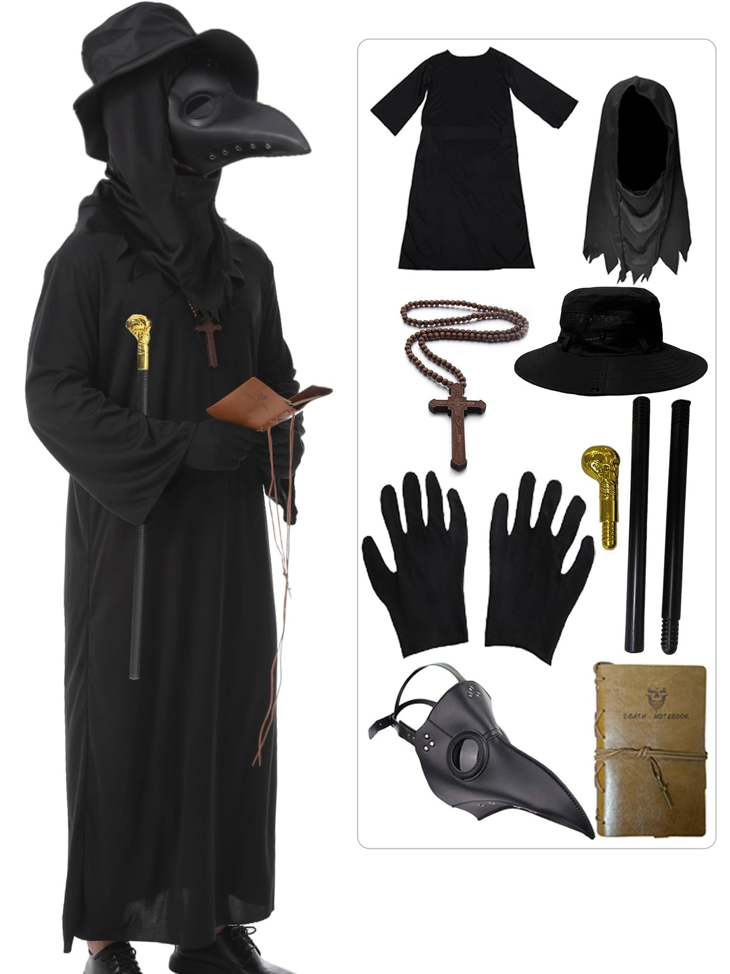 HAOSUN Plague Doctor Costume Set 8 in 1 Halloween Costumes Plague Doctor Mask Outfit for Men Adults (L size)
