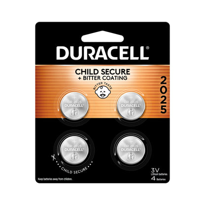 Duracell 2025 Lithium Battery, 4 Count (Pack of 1) Child Safety Features, Lithium Coin Battery for Key Fob, Car Remote, and other devices, CR2025 3 Volt (3V) Cell