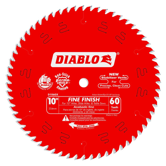 Diablo Fine Finish Saw Blade for Wood - Ultra-Smooth Cuts, 60 Hi-ATB Teeth, 10" Diameter, .098" Kerf, 5/8" Arbor - D1060X