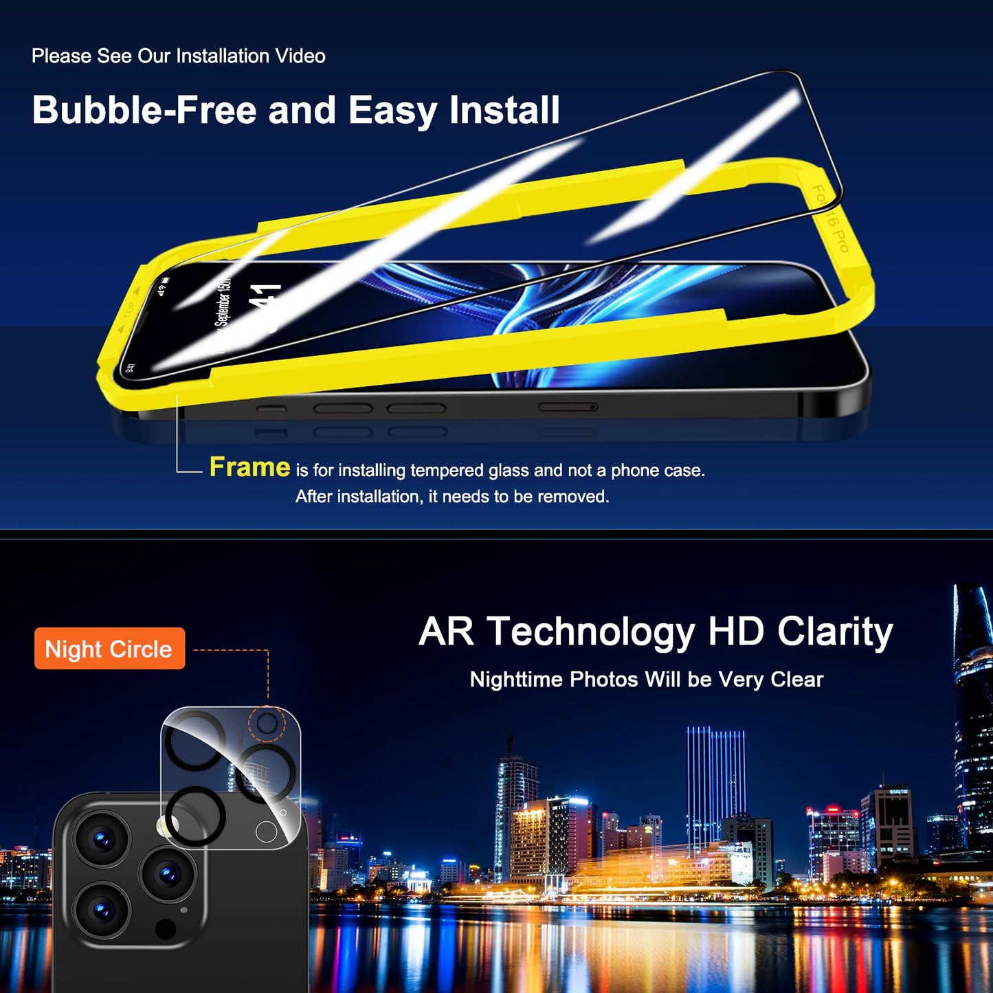 QHOHQ for iPhone 16 Pro Screen Protector with Camera Lens Protector, [Military Grade Shatterproof], Top 9H+ Tempered Glass, Full Edge Coverage, Ultra Durable, with Easy Installation Tool [3+3 Pack]