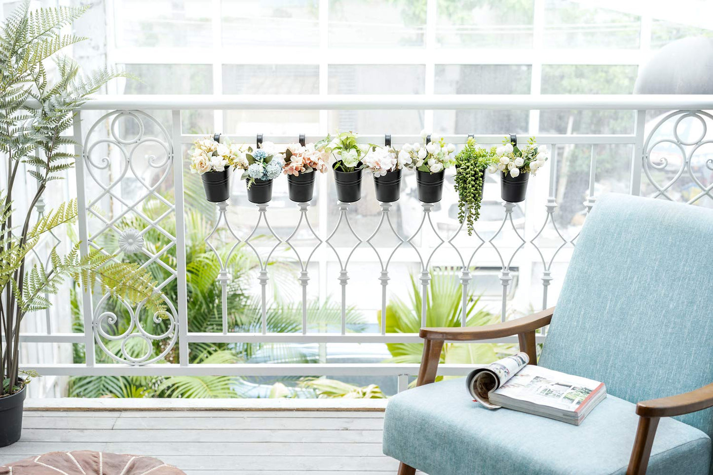 Dahey 10 Pcs Hanging Flower Pots Metal Iron Bucket Planter for Railing Fence Balcony Garden Home Decoration Flower Holders with Detachable Hooks, Black, 4 Inches