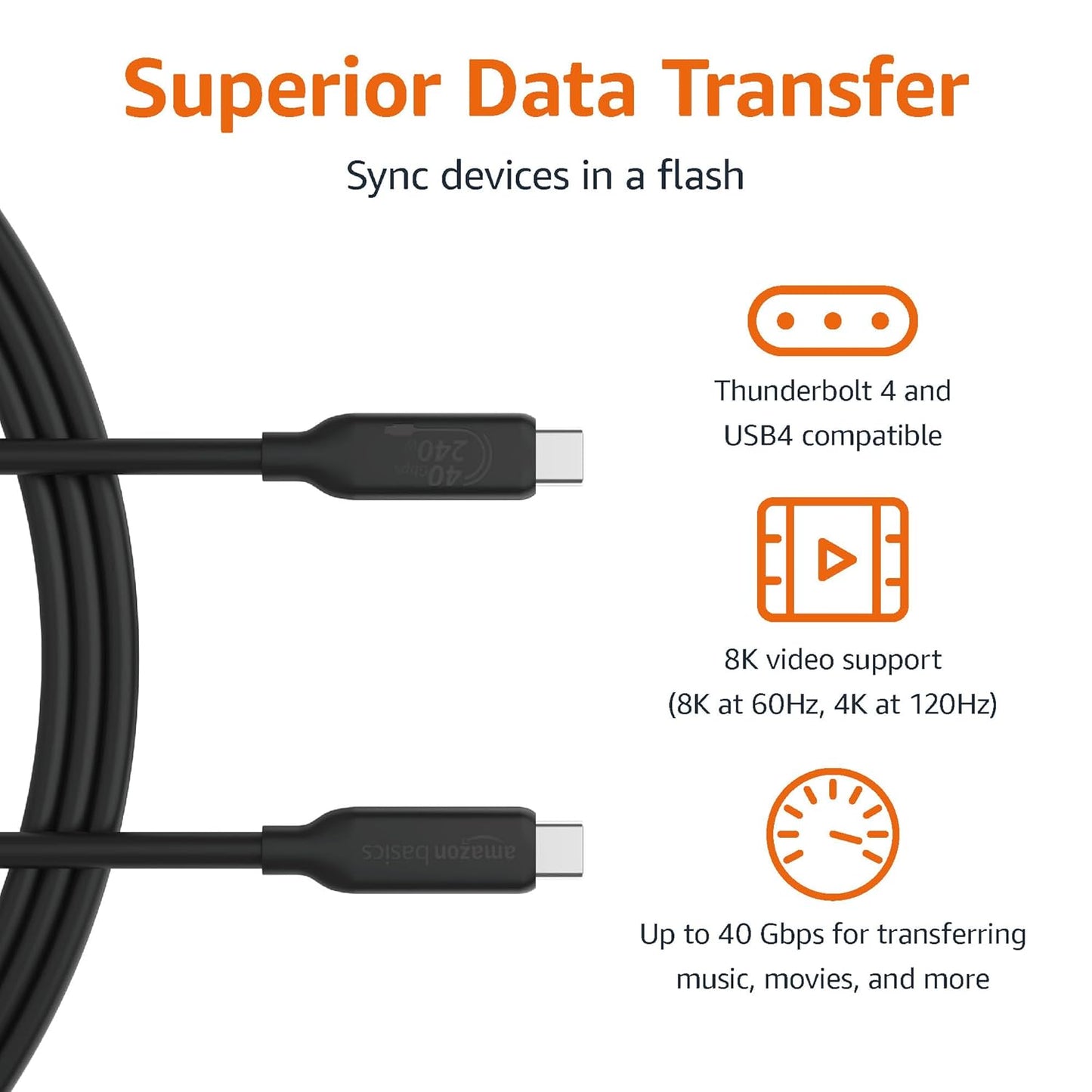 Amazon Basics USB-C to USB-C 4 Fast Charger Cable, 40 Gbps, 8K Video, 240W, USB-IF Cert, Thunderbolt 4/3 Compatible, for Apple iPhone 16/15, iPad, Samsung Galaxy, Tablets, Laptops, 3.3 foot, Black