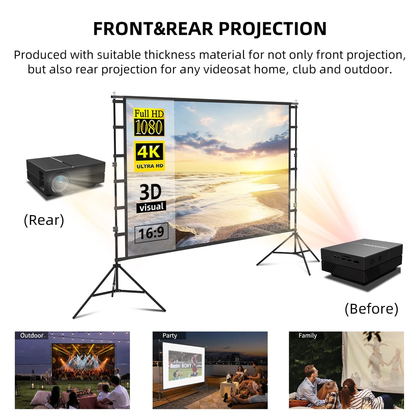 Lejiada 150" Portable Projector Screen with Stand, Foldable & Anti-Crease, HD 4K Movie Screen for Outdoor/Indoor Use, Home Theater, Parties & Business Presentations - Includes Carry Bag
