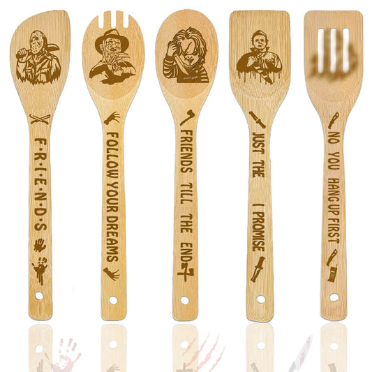 Horror Movie Merchandise Decor Halloween Gifts Wooden Spoons for Cooking, Natural Bamboo Kitchen Decorations Set 5 Pack for Women Man Birthday Fan Lover Gift Holiday Scary Party Accessory