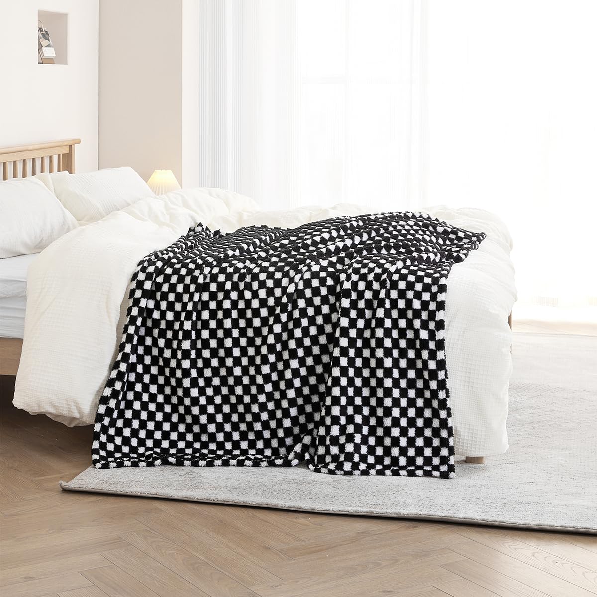 CozyRest Flannel Throw Blanket Super Soft Lightweight Bed Blanket 3D Checkered Pattern All-Season Cozy, Plush Bed Couch Blanket for Adults (Black, 50 x 60 inches)