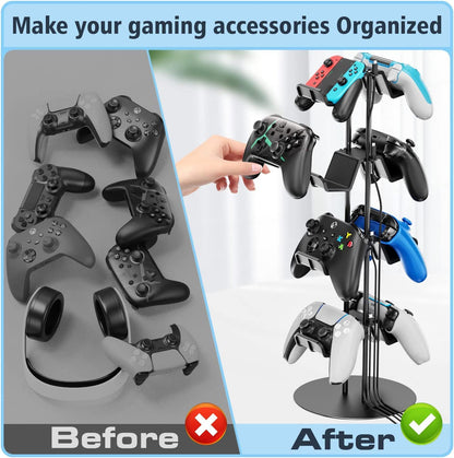 Kytok Controller Stand 4 Tiers with Cable Organizer for Desk, Universal Headphone Stand Compatible with Xbox PS5 PS4 Nintendo Switch, Headset Holder & Desk Mounts for 8 Packs Controller