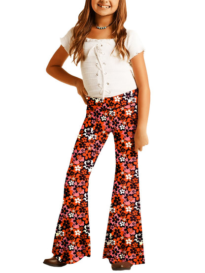 Deerose 70s Hippie Bell Bottom Girls Halloween Black Red Floral Flare Pants Party Palazzo Trouser 9-10 Years