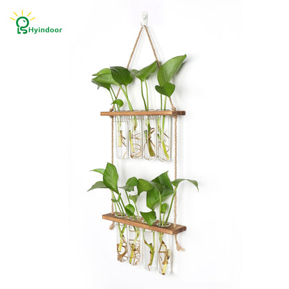 HYINDOOR Wall Hanging Planter Terrarium 2 Tired Test Tube Vase Glass Planter Plant Propagation Station Plant Hangers of Rope with Wooden Stand and 8 Tubes for Hydroponic Plant Cutting