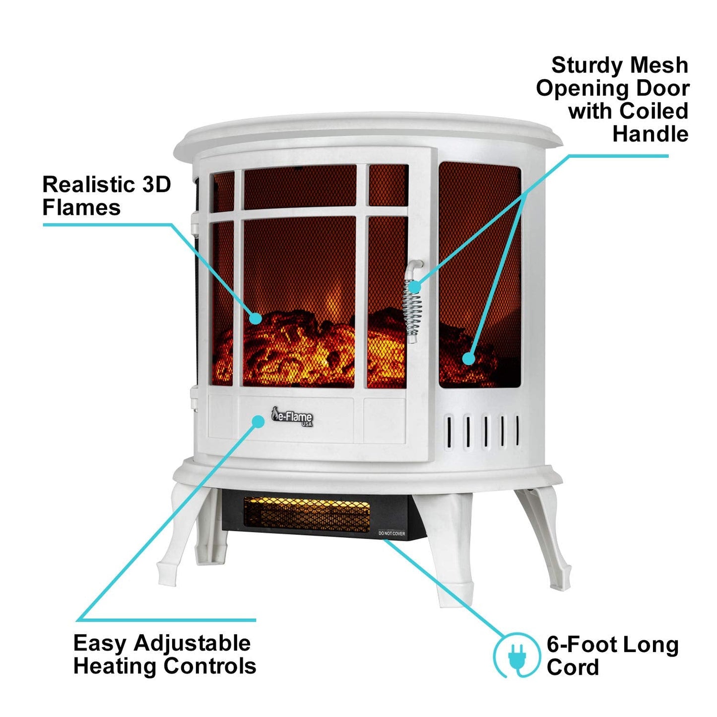e-Flame USA Regal Freestanding Electric Fireplace Stove - 3-D Log and Fire Effect (White)