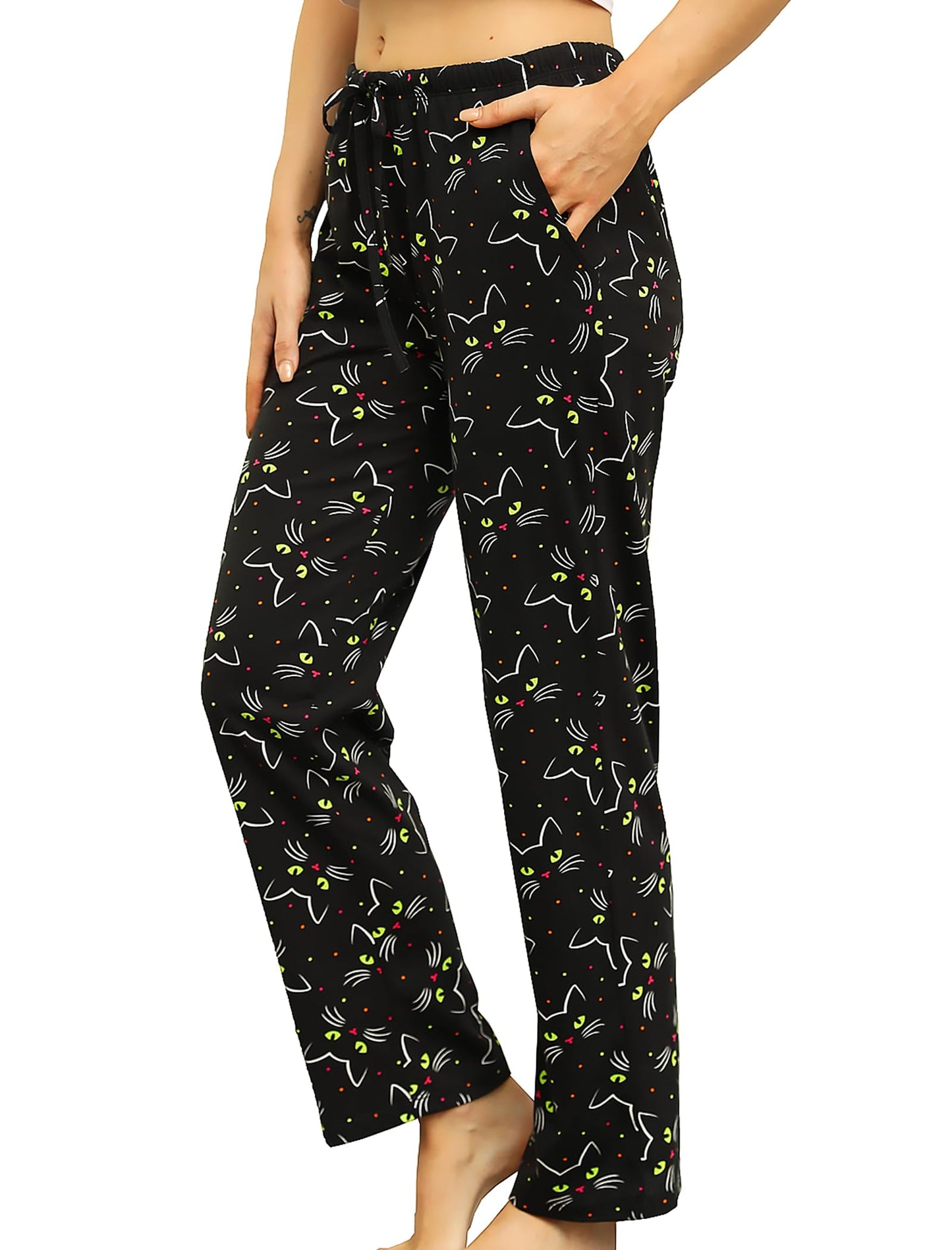 ENJOYNIGHT Women Cotton Lounge Pants Comfy Pajama Bottoms With Pockets&Drawstring(Black Cat,X-Large)