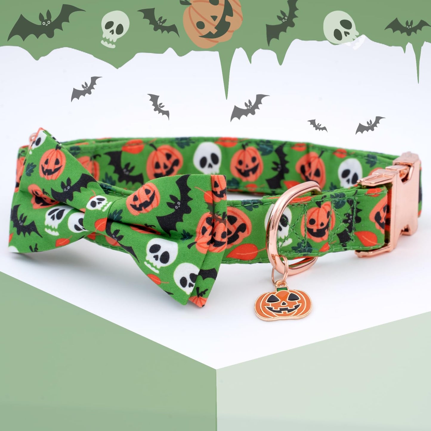 Faygarsle Bow Tie Halloween Fall Dog Collar for Small Medium Large Dogs Fashionable Cute Collar for Male Female Dogs Green Cotton Collar with Metal Buckle Skull Bat Pumpkin Pattern S