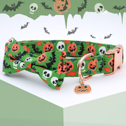 Faygarsle Bow Tie Halloween Fall Dog Collar for Small Medium Large Dogs Fashionable Cute Collar for Male Female Dogs Green Cotton Collar with Metal Buckle Skull Bat Pumpkin Pattern S