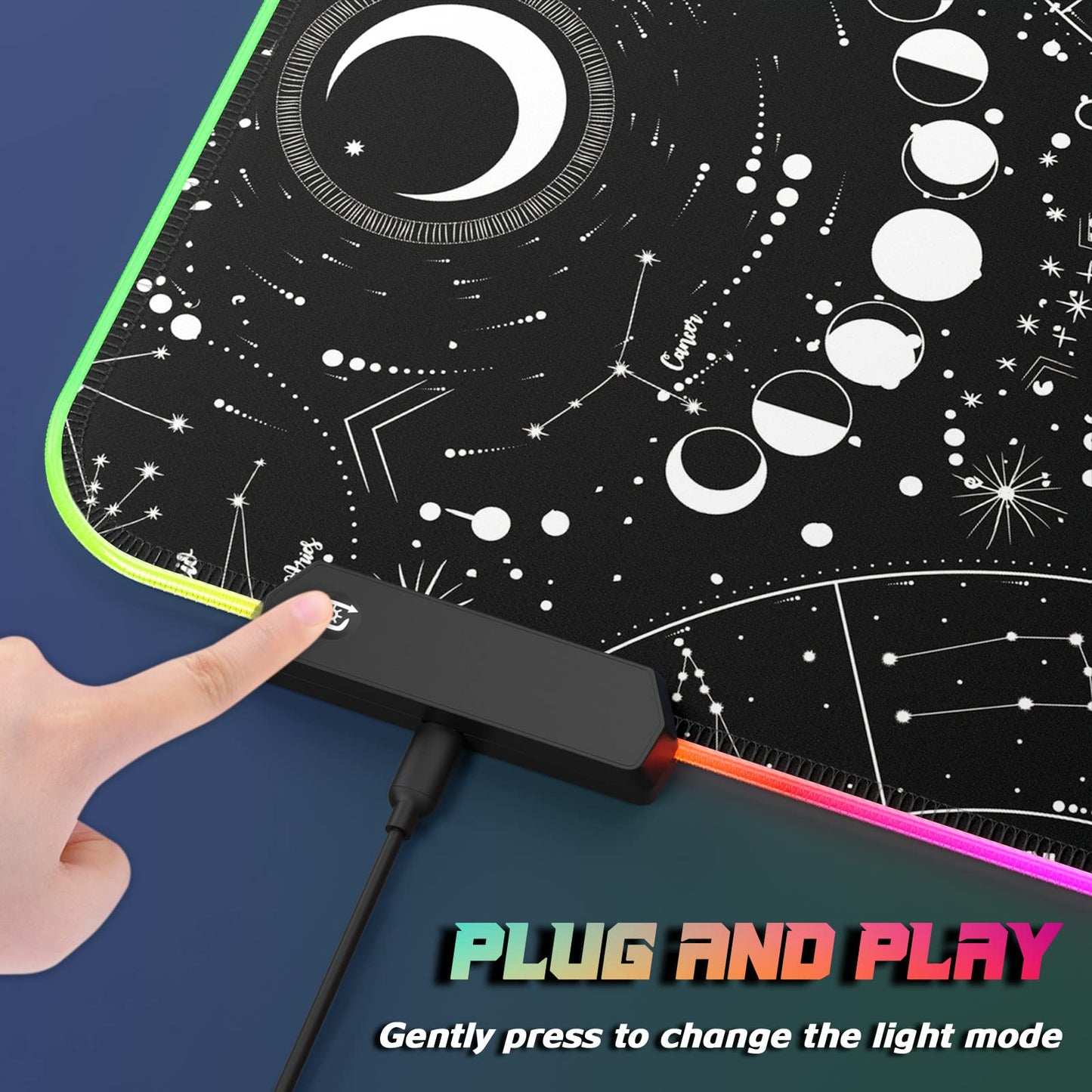 ITNRSIIET RGB Gaming Mouse Pad, Full Desk XL Extended Large Gaming Mousepad, 12 Lighting Modes, 30% Thicker, Big LED Desk Mat for Keyboard Computer Men Gamers Esport Pros, 32" x 12", Black Sun Moon