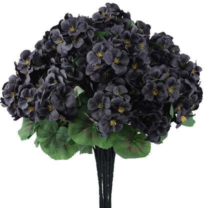 Hananona 6 Bundles Artificial Geranium Flowers for Outdoors Black Silk Geranium Flowers Outdoor UV Resistant Plants Faux Black Flower for Home Kitchen Halloween Table Centerpieces Decor (6, Black)