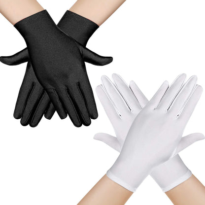 HESTYA 2 Pair Women Stretchy Spandex Gloves Short Stain Costume Formal Gloves for Halloween Cosplay Party Uniform Parade(8.3 Inch)