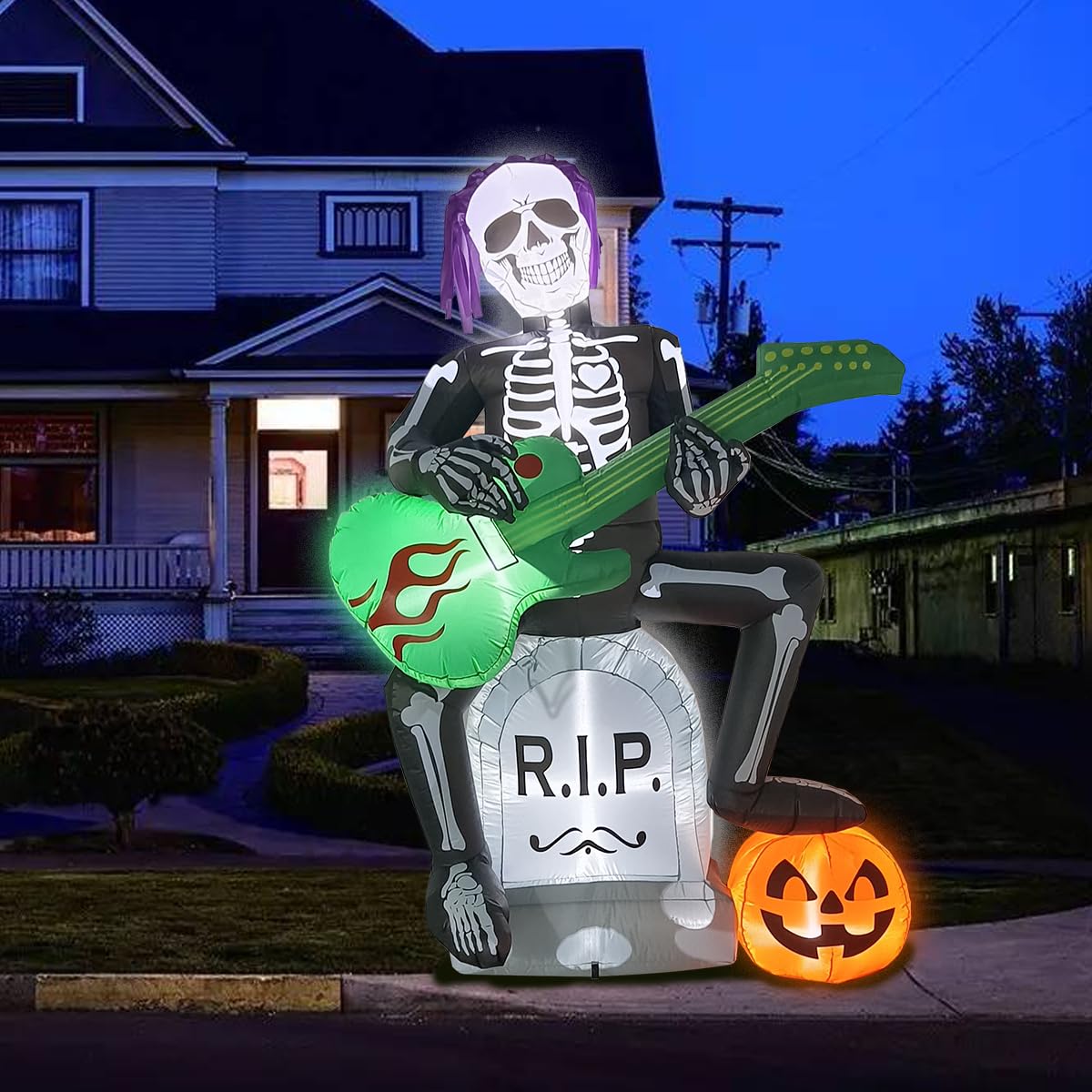 Halloween Inflatables Outdoor Decorations,7 Feet Rock Jack on Tombstone, Ghost with Pumpkin Decor, LED Lights, Blow up Lighted Yard Lawn Home