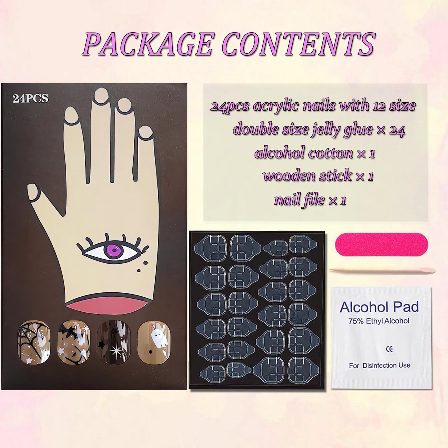 24Pcs Black Halloween Nails - Short Press On, Ghost Spider Web Bat Designs, Full Cover Square False Nails, Glue On For Women