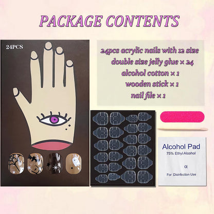 24Pcs Black Halloween Nails - Short Press On, Ghost Spider Web Bat Designs, Full Cover Square False Nails, Glue On For Women