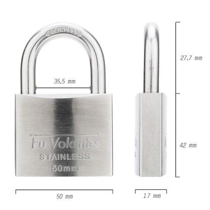 Fu Volante Stainless Steel Pin Tumbler Padlock, 304 Marine Series, Weatherproof Padlock for Outdoor use, 2 inch Wide Body, Keyed Different - Stainless Steel Body & Shackle