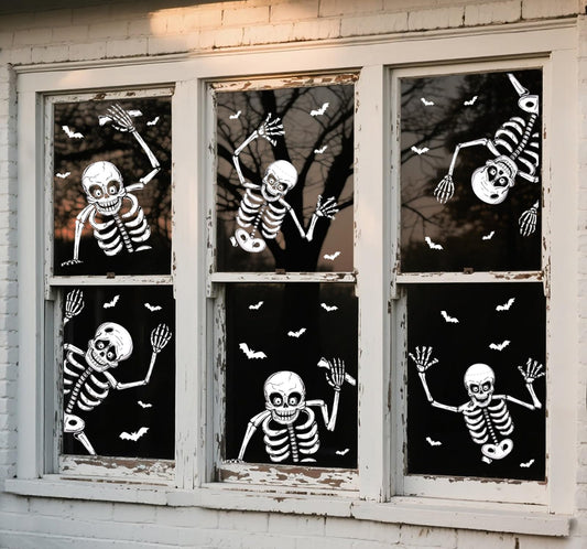 74pcs Giant Halloween Window Clings Decorations, 8 Sheets 6 Skeleton Window Stickers, Scary White Skull Window Silhouettes Decal for Indoor Bathroom Glass Door Decor Home Haunted House Party Supplies