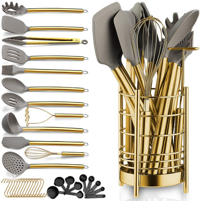 Gold Kitchen Utensils Set, Berglander 38 Pieces Non-stick Silicone Cooking Tools Spoon Spatula Set With Sturdy Stainless Steel Utensil Holder, Dishwasher Safe