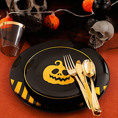 KIRE 25 Guest Halloween Plates Black Gold Plastic Plates Smiley Pumpkin include 50PCS Black &150PCS Gold Plastic Silverware&25PCS Clear Black Cups for Halloween Party