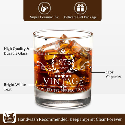 50th Birthday Gifts for Men Whiskey Glass Set - 50th Birthday Decorations, Party Supplies - 50 Year Anniversary, Bday Gifts Ideas for Him, Dad, Husband, Friends - Wood Box & Whiskey Stones & Coaster