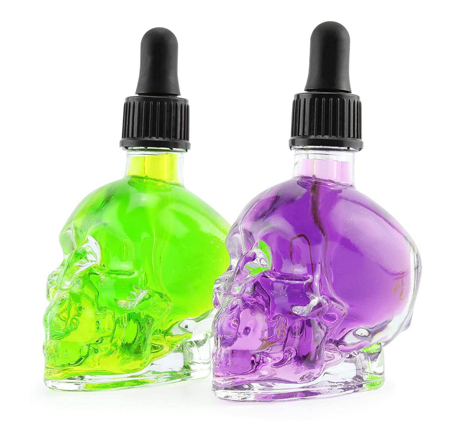 Cornucopia Skull Glass Dropper Bottles (2-Pack, 2oz, Clear); Bitter Flavor Tattoo and Beard Oil Dispenser
