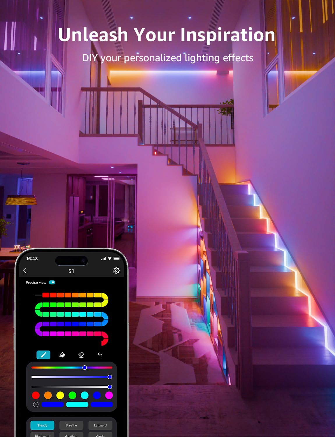 Lepro S1 AI LED Strip Lights for Bedroom - 65.6ft Smart RGB Light Strips with IC and Rainbow Chasing Effects, Color Segment DIY, AI Generated Lighting, No Remote, 2.4G Wi-Fi & Bluetooth