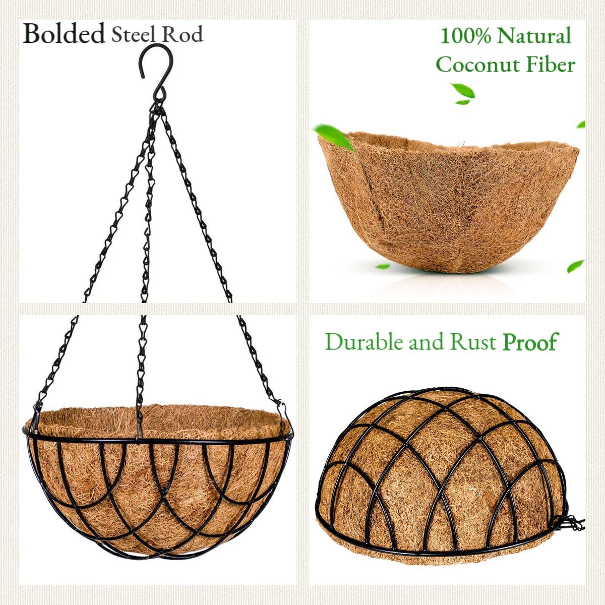 Kingbuy 12 Inch Metal Hanging Planter Basket with Coconut Fiber Liner Round Wire Hanging Plant Flower Pot for Home Garden Patio Decoration, Grid Pattern, 2 Pack