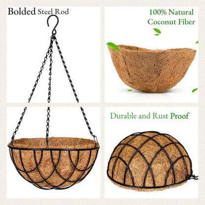 Kingbuy 12 Inch Metal Hanging Planter Basket with Coconut Fiber Liner Round Wire Hanging Plant Flower Pot for Home Garden Patio Decoration, Grid Pattern, 2 Pack