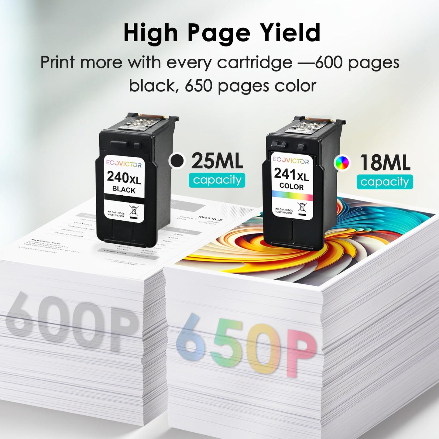 Eco Victor Remanufactured Ink Cartridge Replacement for Canon 240XL 241XL Combo Pack PG240 CL241 for PIXMA MG3620 TS5120 MG3520 MG3220 MG2120 MG4220 MX392 MX452 MX522 Printer (Black Color, 2 Pack)