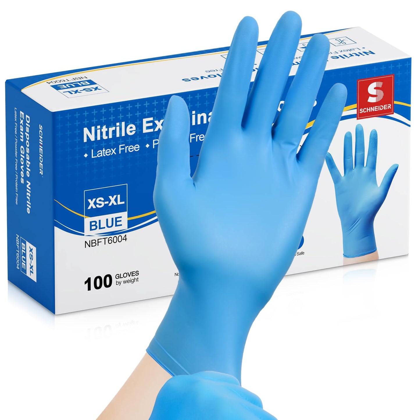 Schneider Nitrile Exam Gloves - L, 100-ct Box,Blue Disposable Gloves, Latex Free, Powder Free, Medical Glove for Cooking, Cleaning, Examination