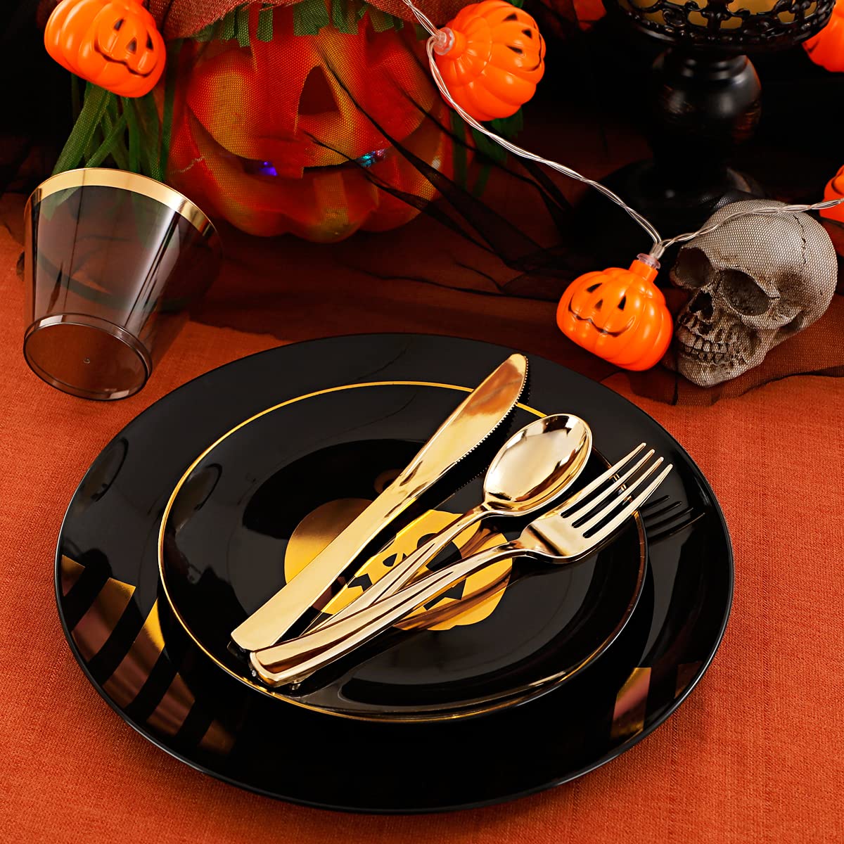 KIRE 25 Guest Halloween Plates Black Gold Plastic Plates Smiley Pumpkin include 50PCS Black &150PCS Gold Plastic Silverware&25PCS Clear Black Cups for Halloween Party