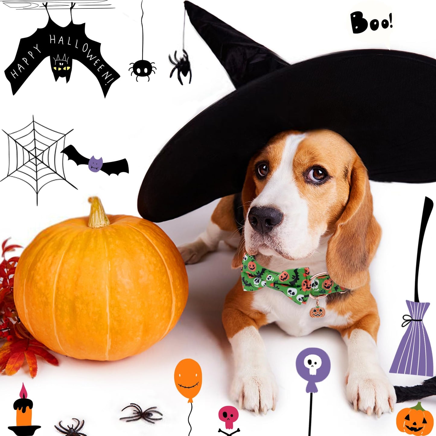 Faygarsle Bow Tie Halloween Fall Dog Collar for Small Medium Large Dogs Fashionable Cute Collar for Male Female Dogs Green Cotton Collar with Metal Buckle Skull Bat Pumpkin Pattern S