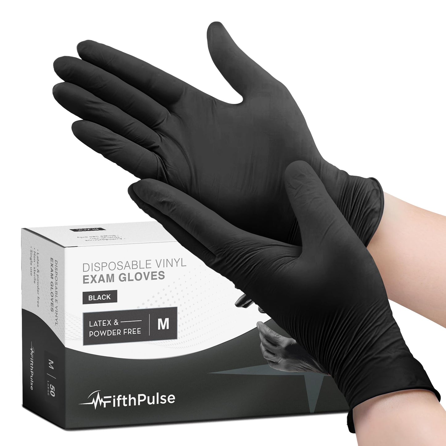 FifthPulse Black Vinyl Disposable Gloves Medium 50 Pack - Latex Free, Powder Free Medical Exam Gloves - Surgical, Home, Cleaning, and Food Gloves - 3 Mil Thickness
