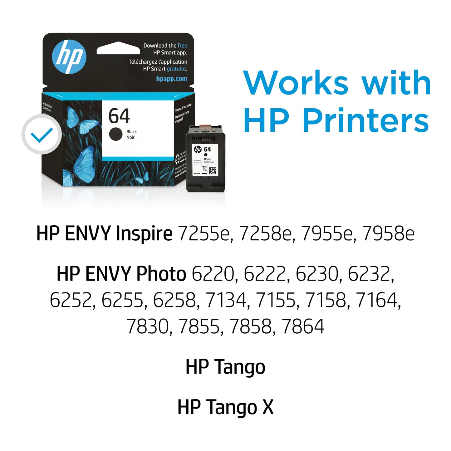 HP 64 Black Ink Cartridge for HP Printers | Works with Printer Series: ENVY Inspire 7950e; ENVY Photo 6200, 7100, 7800; Tango | Eligible for Instant Ink | N9J90AN