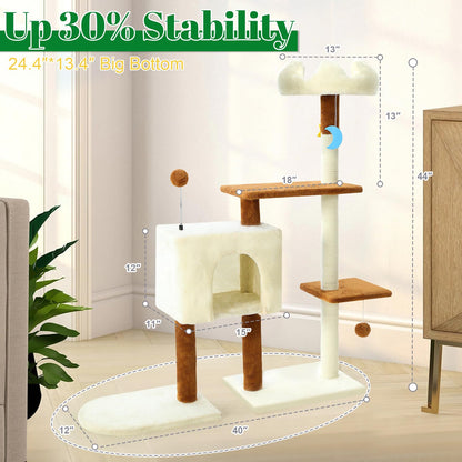 41 Inches Cat Tree Tower with Scratching Post, Tall Cat Trees for Indoor Cats Large Adult, Multi-Level Cozy Plush Cat Houses & Condo Furniture with Top Perch, Cats Climbing Towers(White)