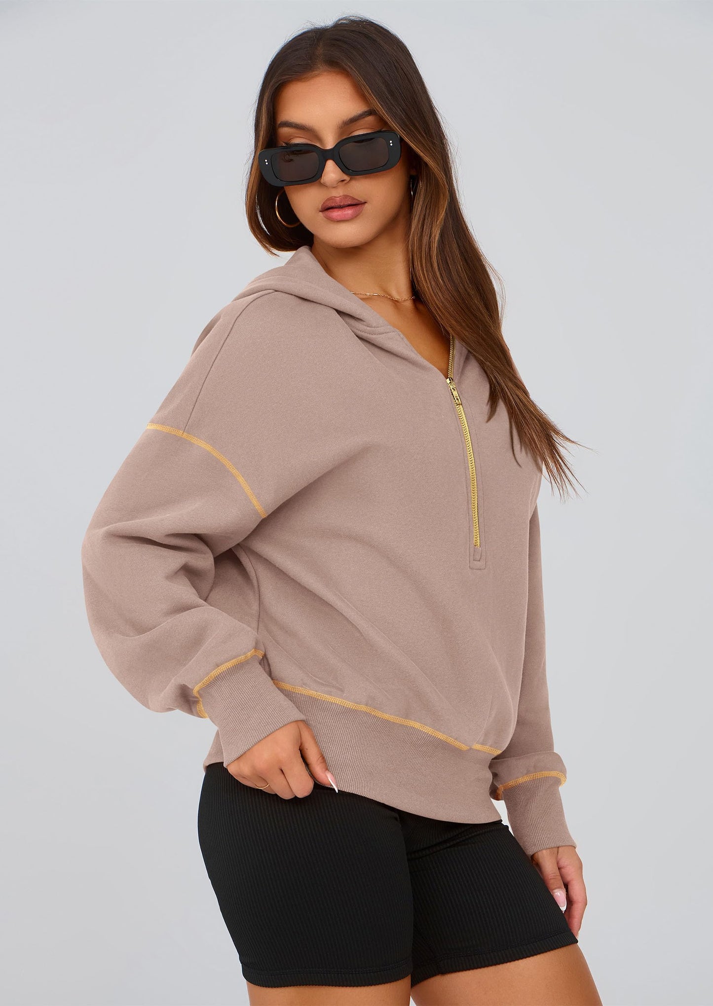 PRETTYGARDEN Women's 2025 Fall Hooded Sweatshirts Long Sleeve Half Zip Cropped Hoodies Pullover Winter Fashion Clothes (Khaki,Medium)
