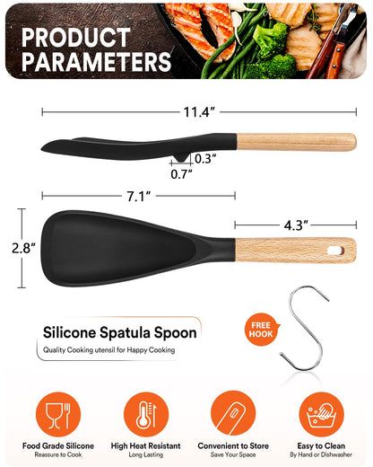 Cooking Spoon for Nonstick Cookwares, Great for Cooking and Serving Sturdy BPA-Free Matte Silicone, Wood Handle Spoon for Mixing, Scoop, and Scrape (Black)