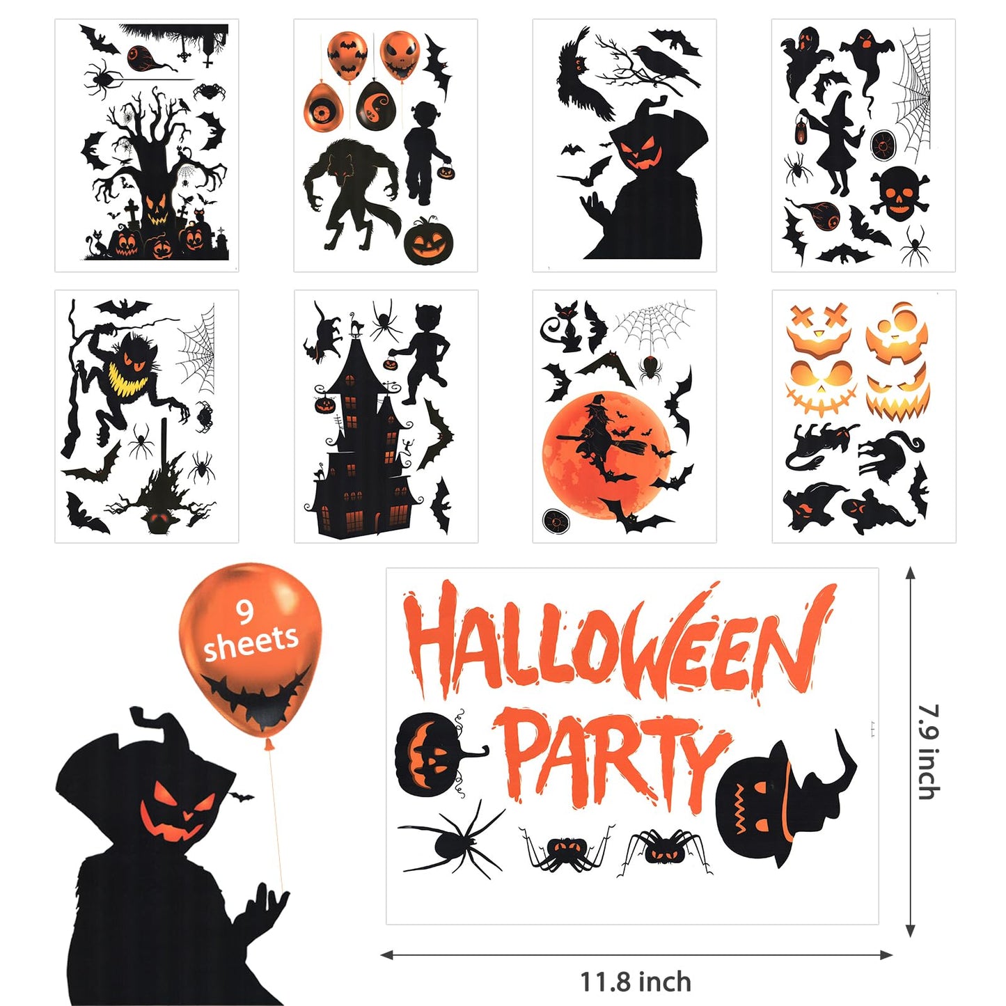 EkkoVla Halloween Window Clings - 9 Sheets Reusable Halloween Decorations, 72 PCS Ghost Tree Witch Zombie Patterns for Treat or Trick Party, Home, Classroom, Store Holiday Decor