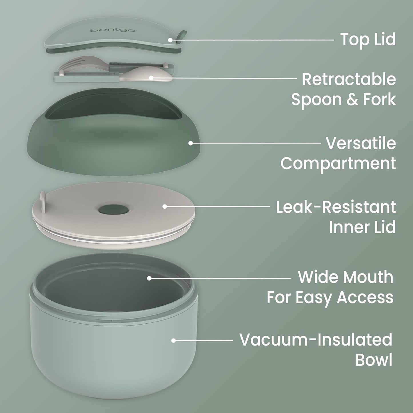Bentgo Bowl - Insulated Leak-Resistant Bowl with Collapsible Utensils, Snack Compartment and Improved Easy-Grip Design for On-the-Go - Holds Soup, Rice, Cereal & More - BPA-Free, 21.2 oz (Khaki Green)
