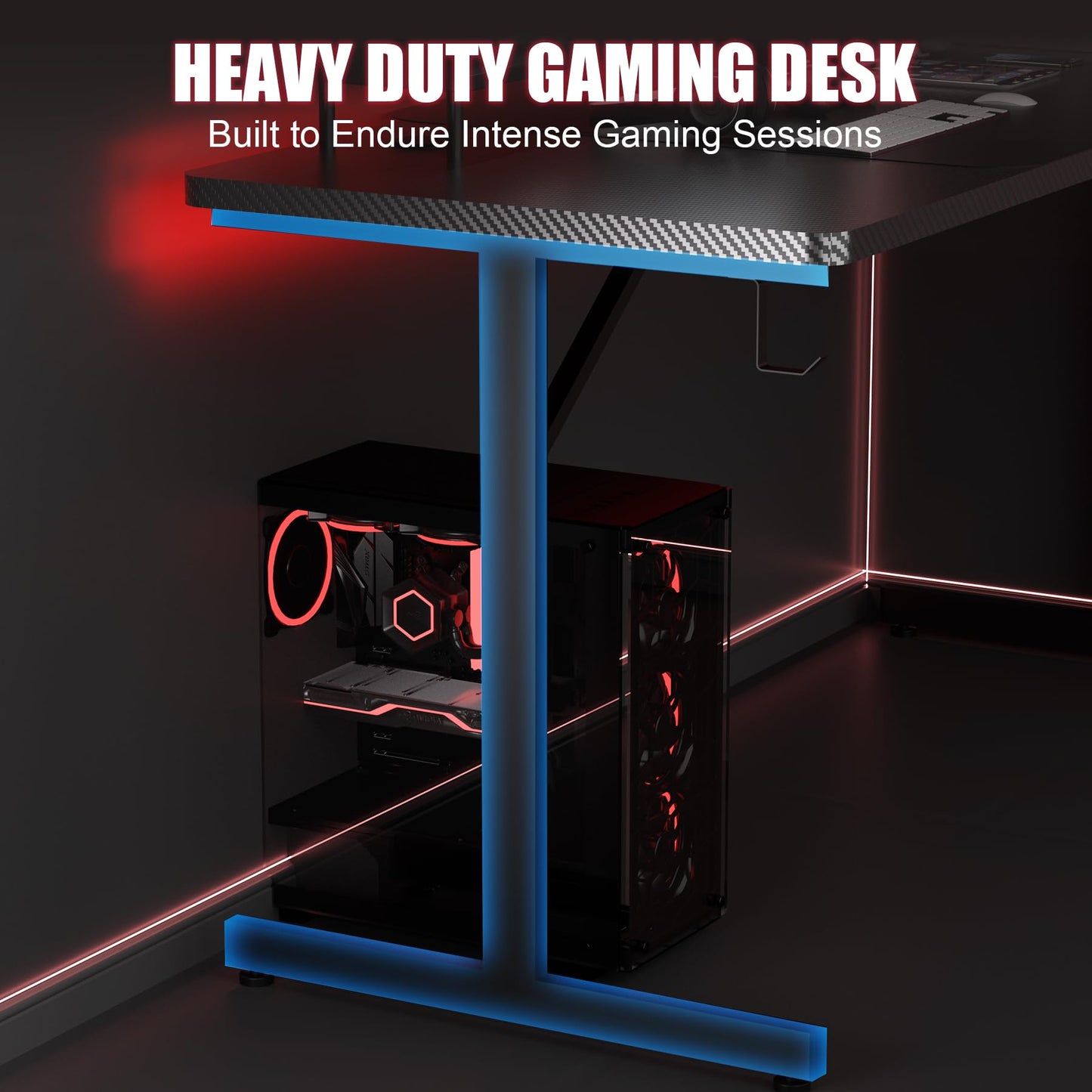 GTRACING 55 Inch Gaming Desk with LED Lights, Large Computer Desk with Mouse Pad for Home Office, T-Shaped Carbon Fibre Surface PC Game Workstations with Headphone Hook