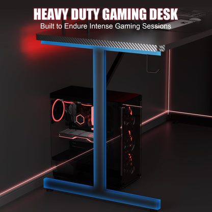 GTRACING 55 Inch Gaming Desk with LED Lights, Large Computer Desk with Mouse Pad for Home Office, T-Shaped Carbon Fibre Surface PC Game Workstations with Headphone Hook
